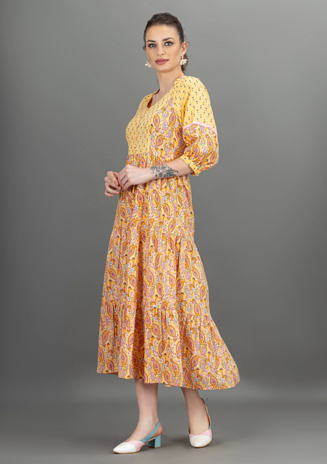 Yellow Ethnic Motif Print Cotton Tiered Midi Dress