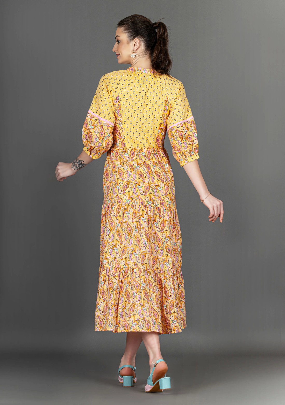 Yellow Ethnic Motif Print Cotton Tiered Midi Dress