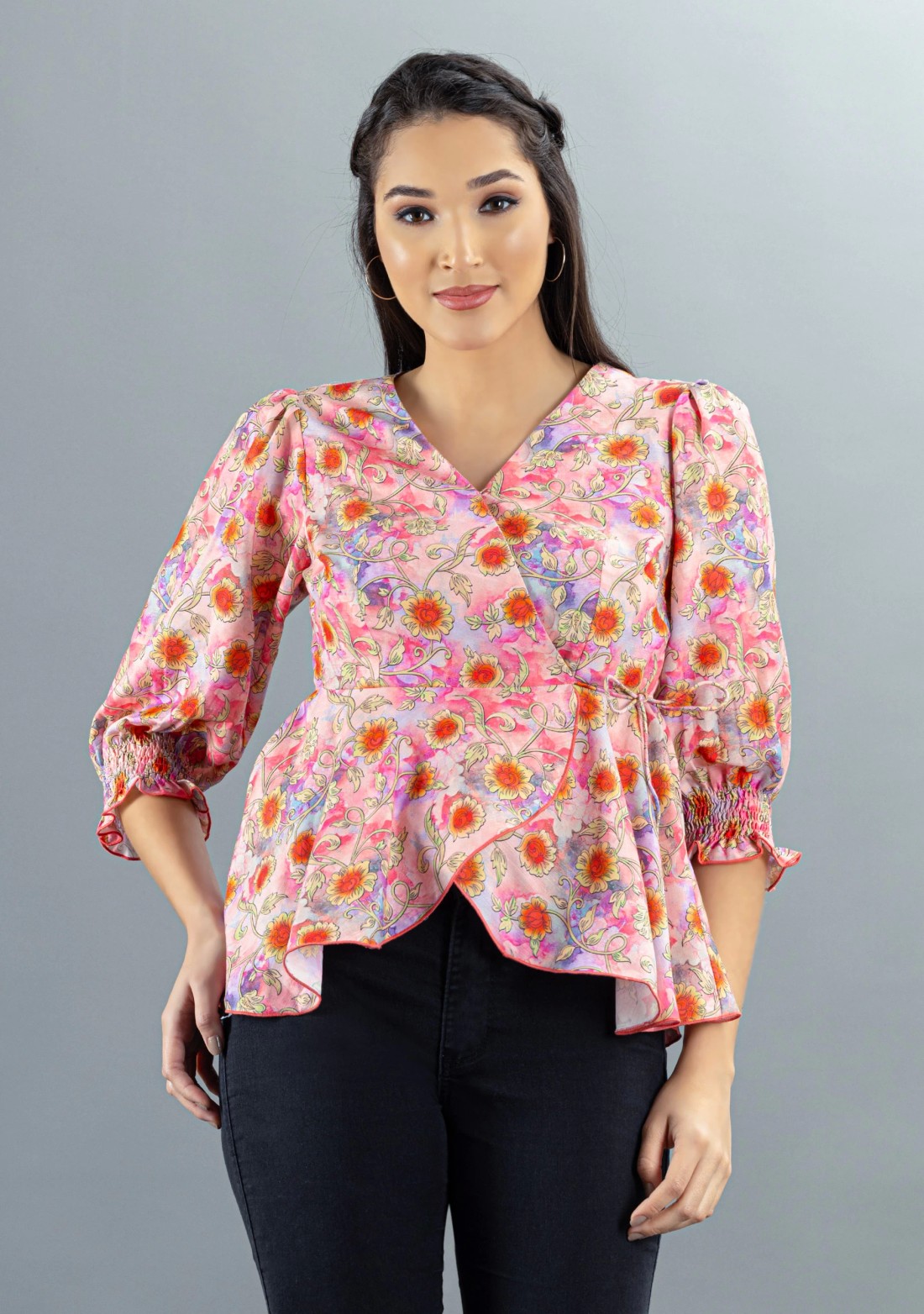 Multi-Colour Floral Printed Rayon Peplum Top