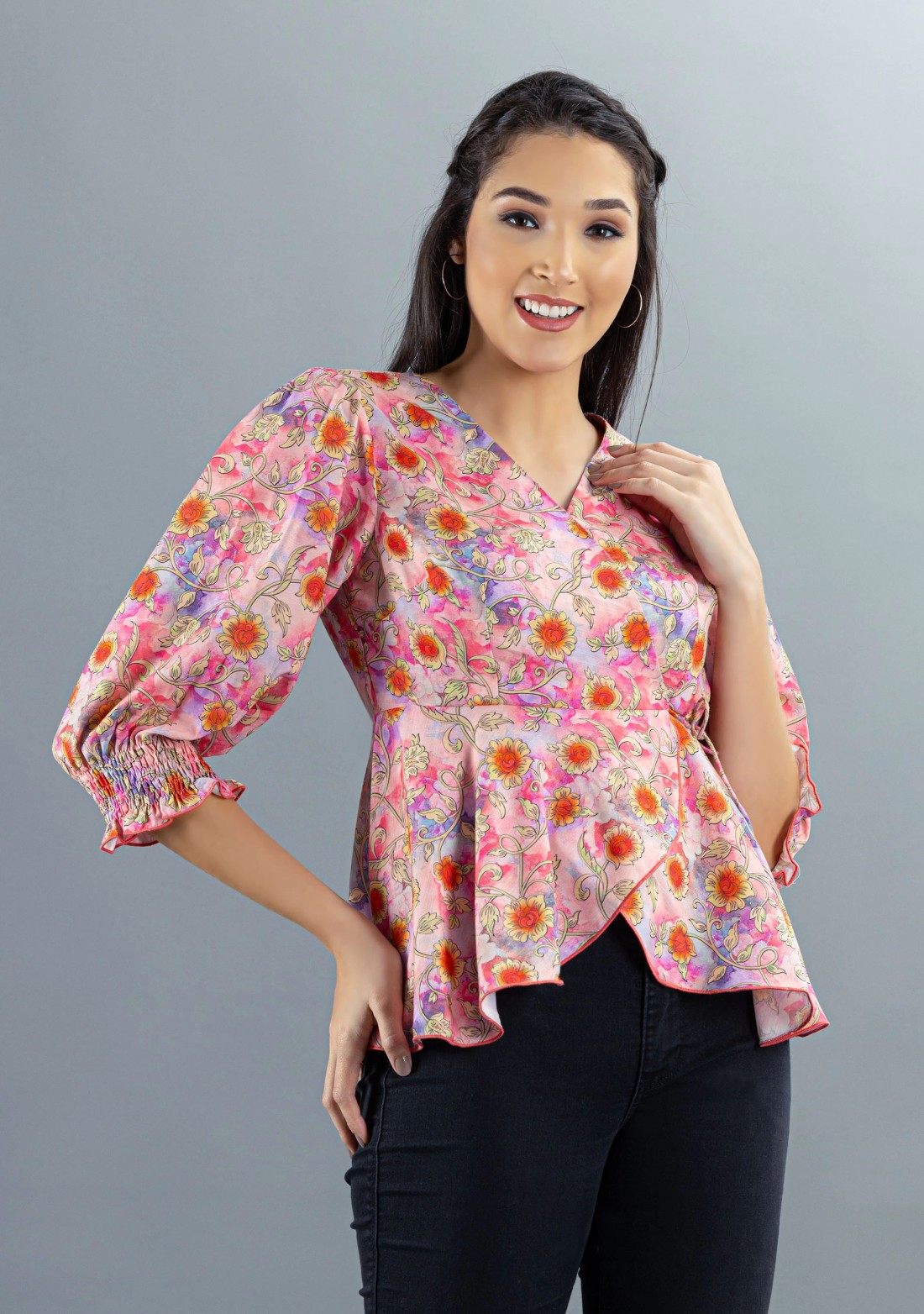 Multi-Colour Floral Printed Rayon Peplum Top