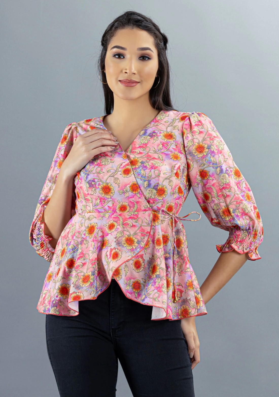 Multi-Colour Floral Printed Rayon Peplum Top