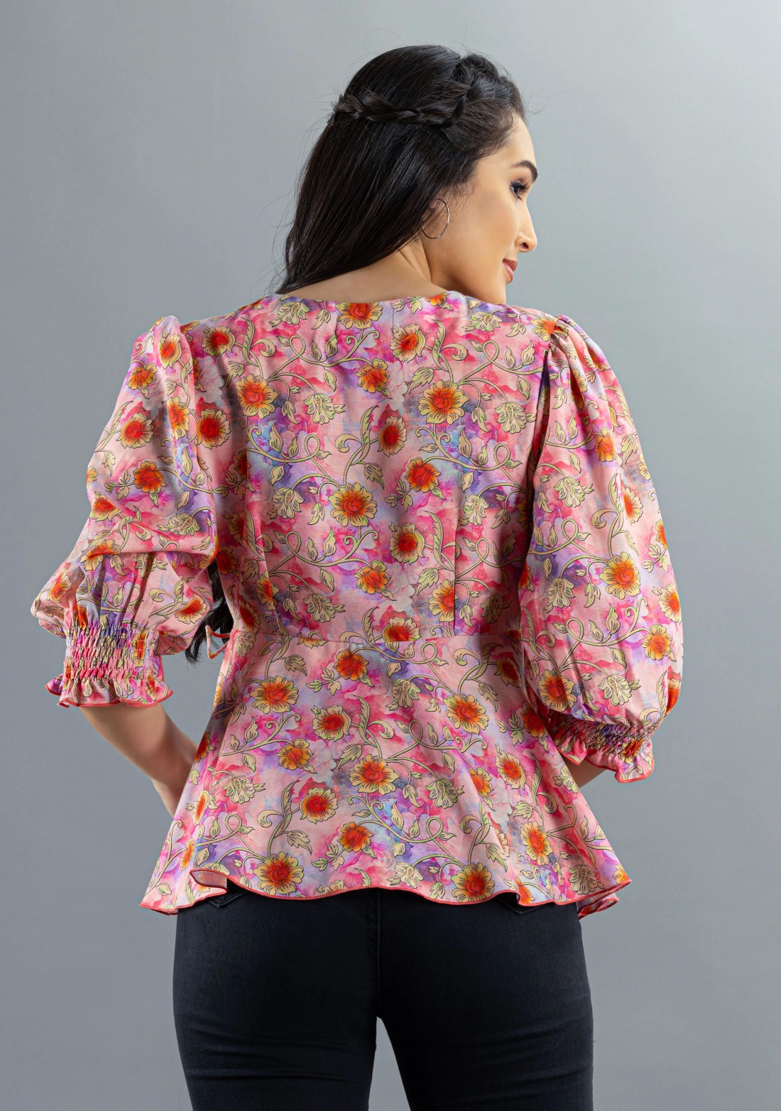 Multi-Colour Floral Printed Rayon Peplum Top