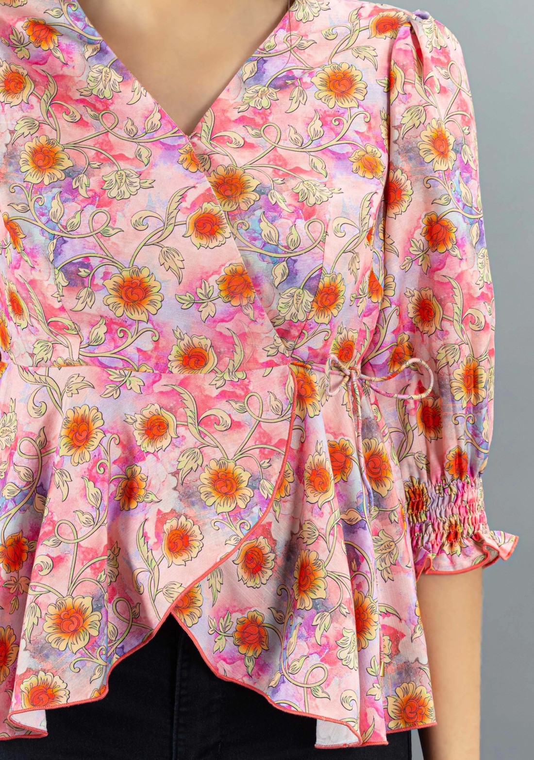 Multi-Colour Floral Printed Rayon Peplum Top