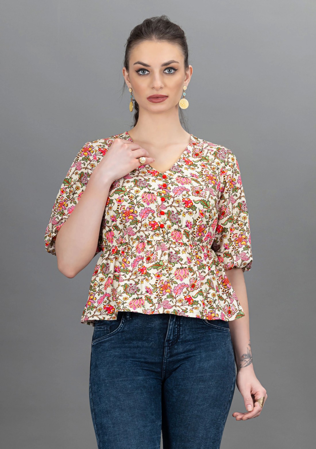 Oriental Floral Print Rayon Peplum Top