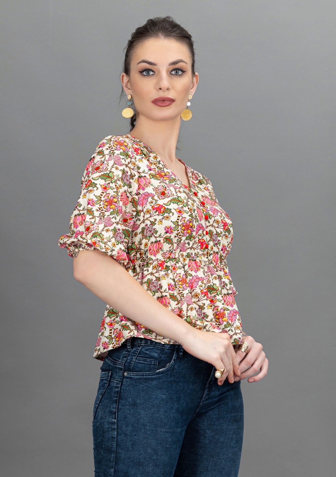 Oriental Floral Print Rayon Peplum Top