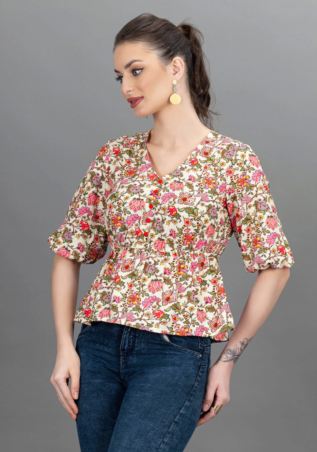 Oriental Floral Print Rayon Peplum Top