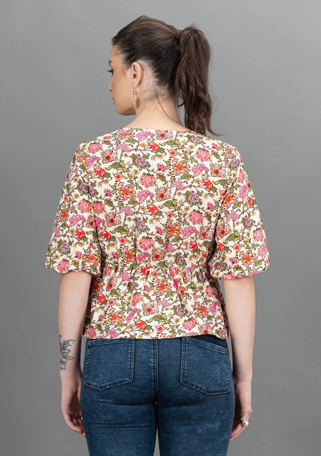 Oriental Floral Print Rayon Peplum Top