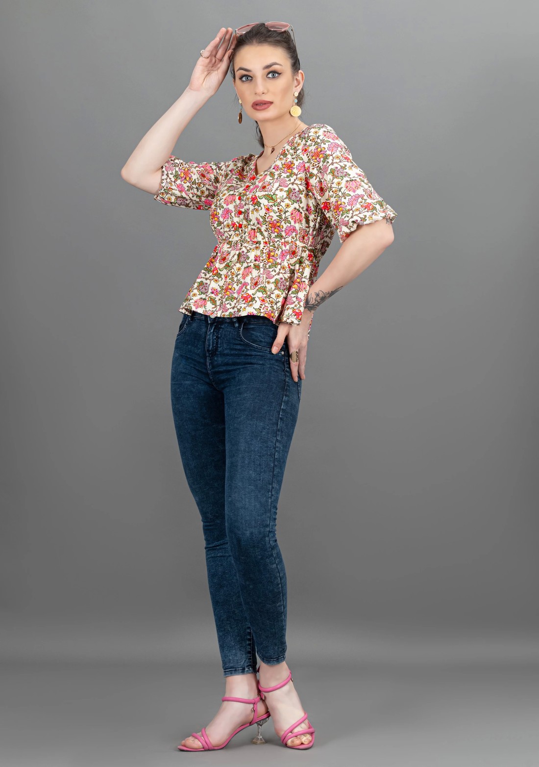 Oriental Floral Print Rayon Peplum Top