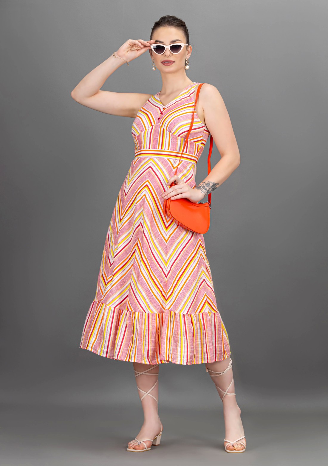 Multi-Colour Stripes Rayon Slub Flared Midi Dress