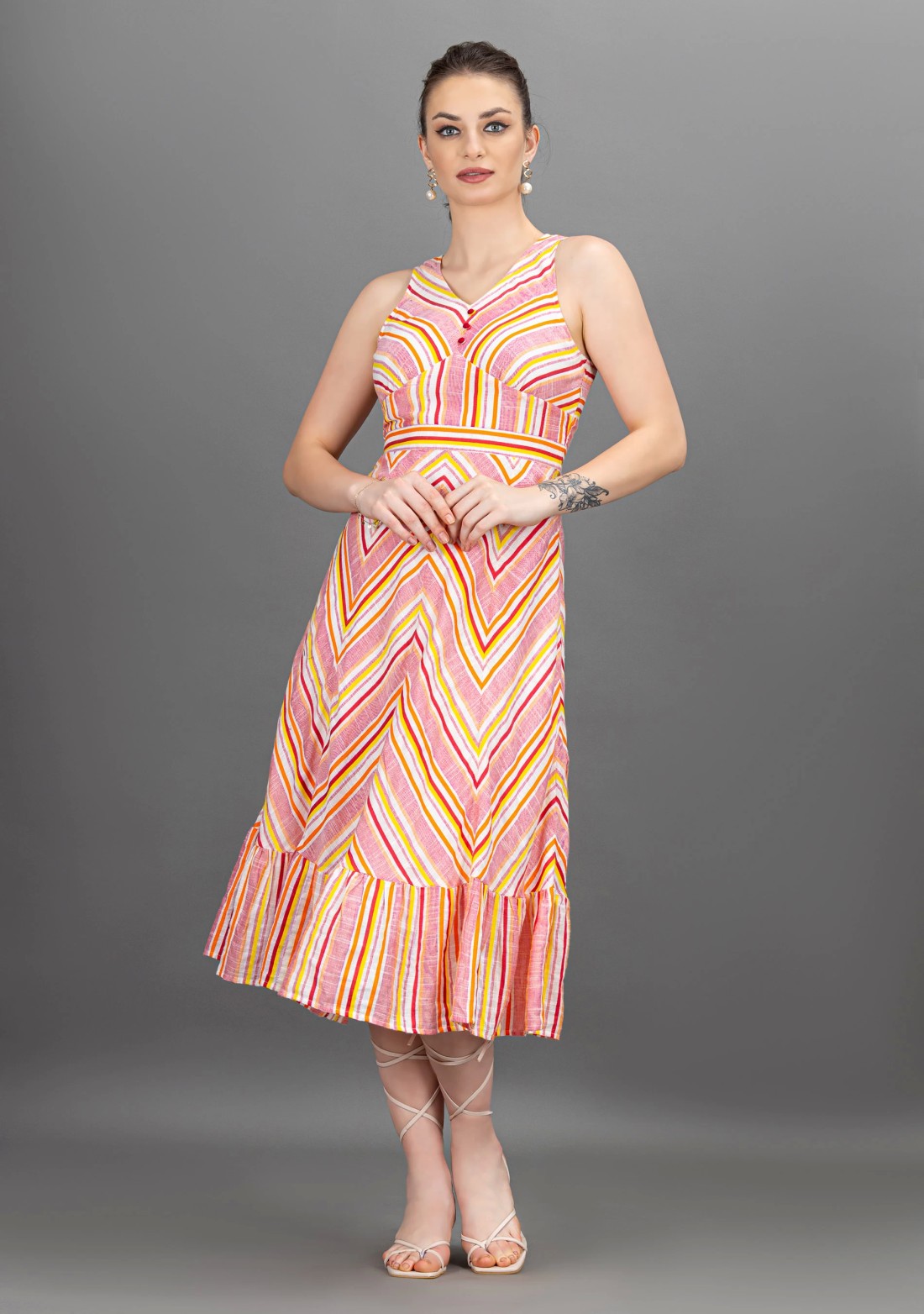 Multi-Colour Stripes Rayon Slub Flared Midi Dress