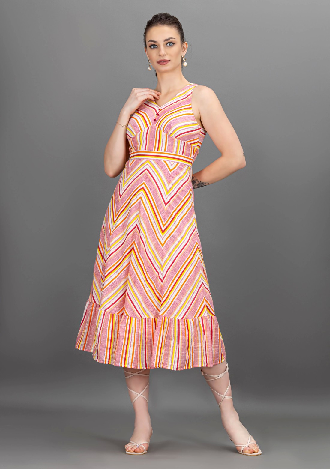 Multi-Colour Stripes Rayon Slub Flared Midi Dress