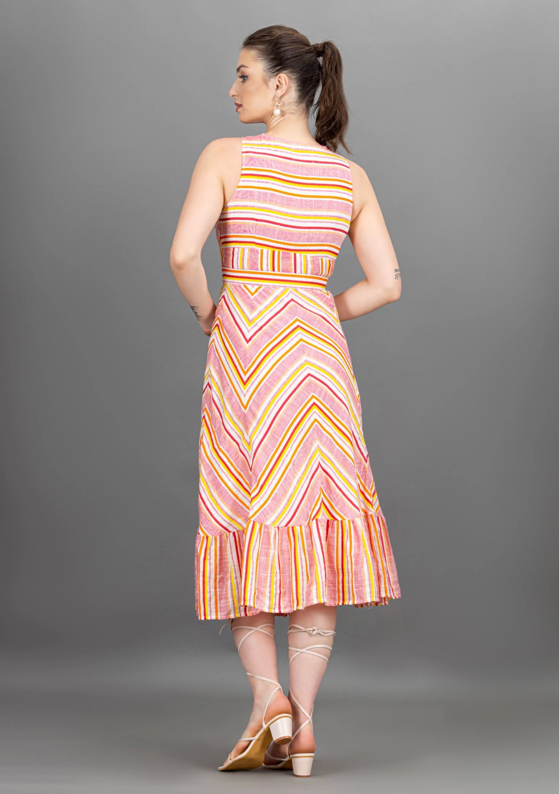 Multi-Colour Stripes Rayon Slub Flared Midi Dress