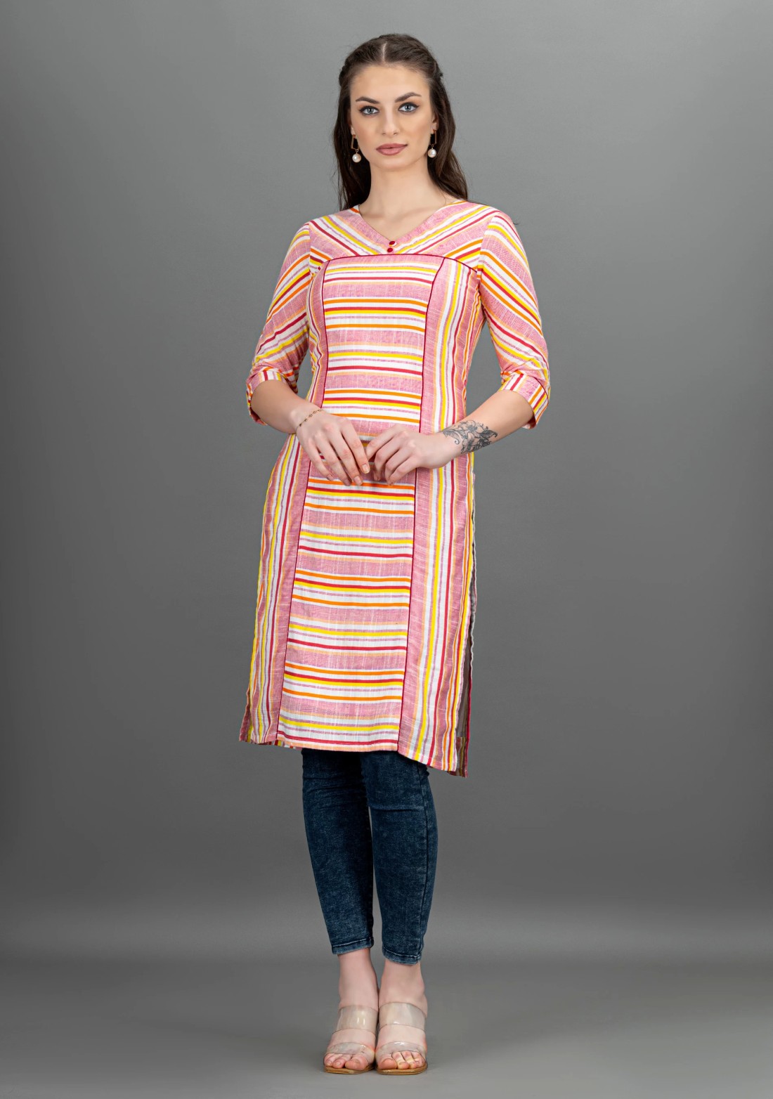 Multi-Colour Stripe Rayon Slub Kurti