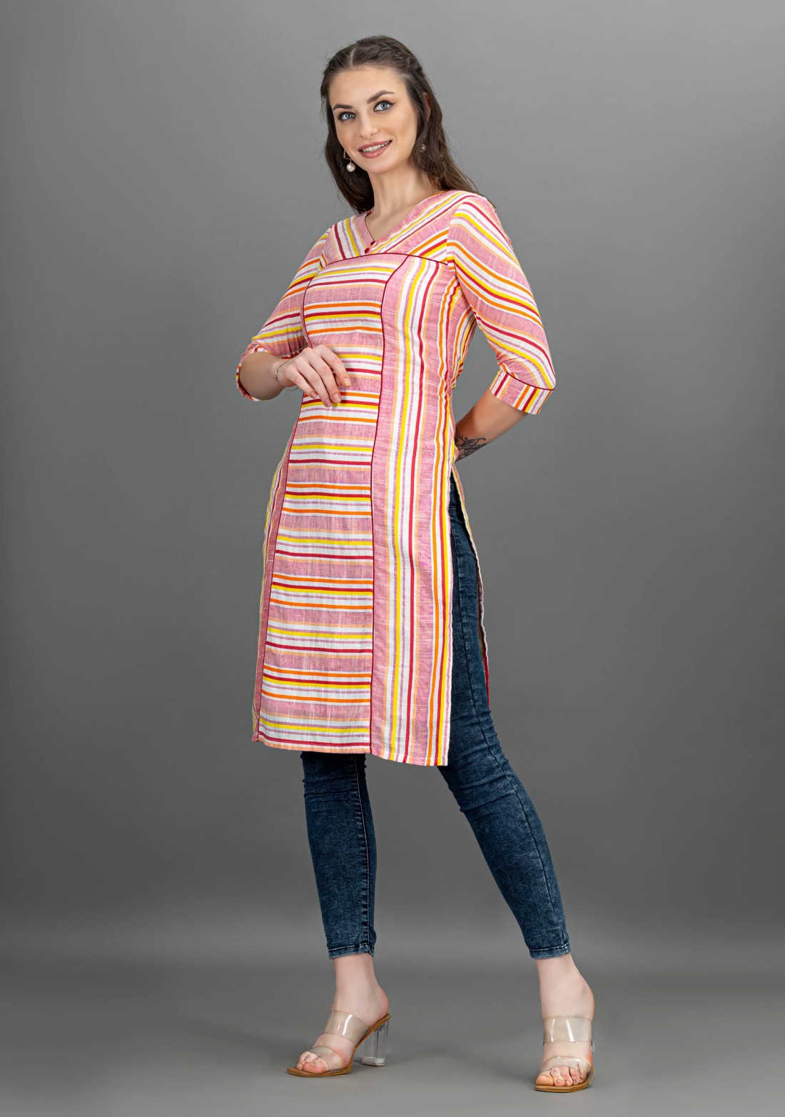 Multi-Colour Stripe Rayon Slub Kurti