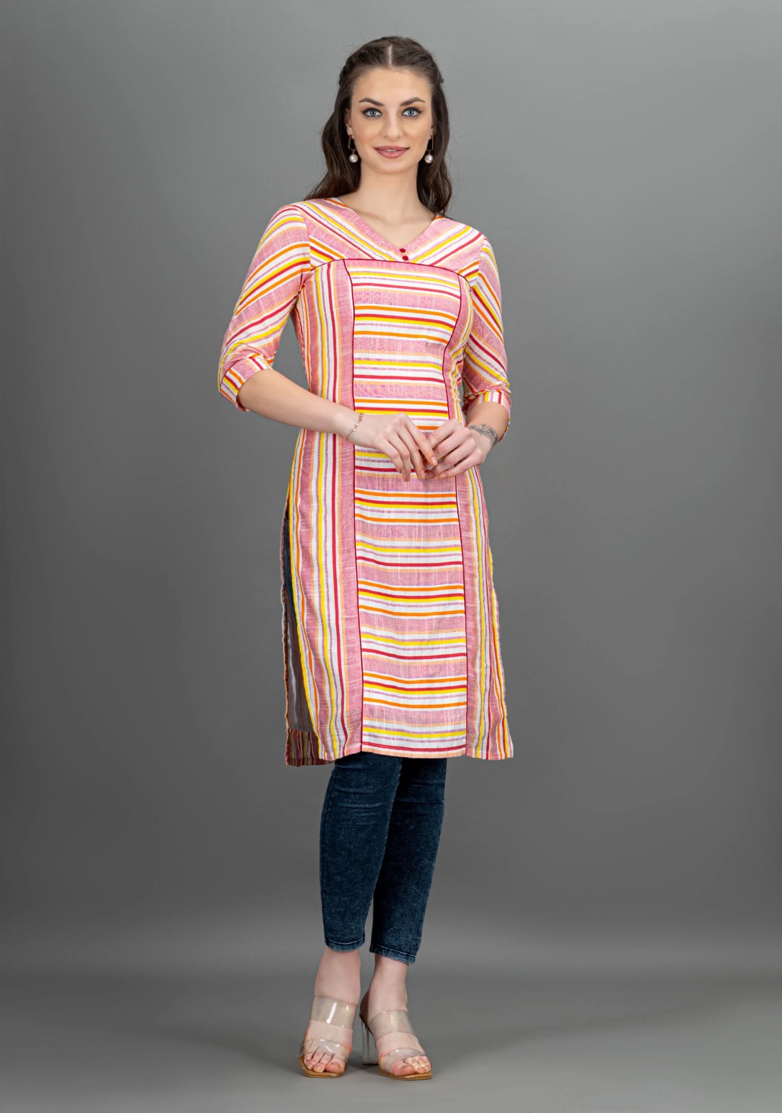 Multi-Colour Stripe Rayon Slub Kurti