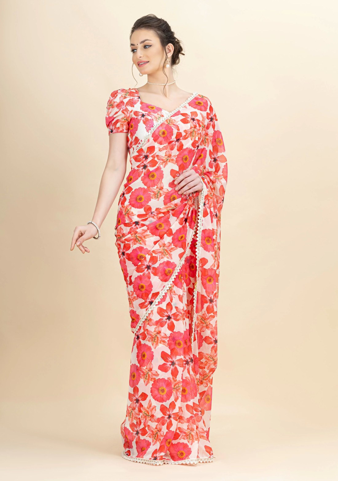 Coral & Pink Floral Printed Lightweight Georgette Saree With Unstitched Blouse