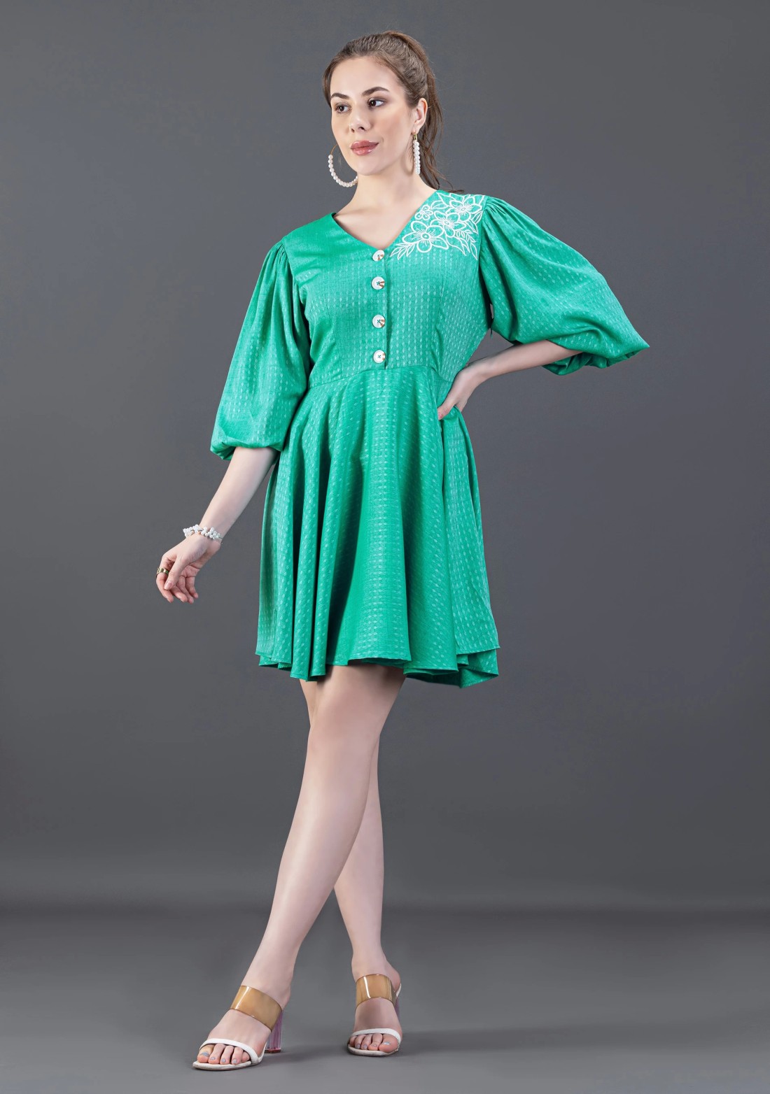 Emerald Green Embroidered Dobby Rayon Peplum Style Co-Ord Set