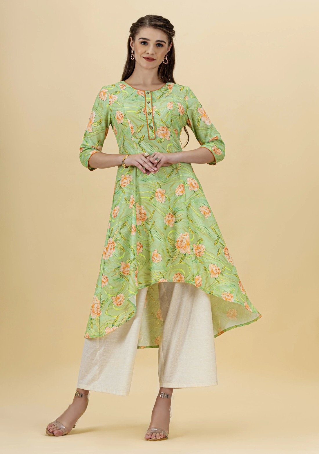 Olive Green Floral Printed Rayon Asymmetrical Kurta