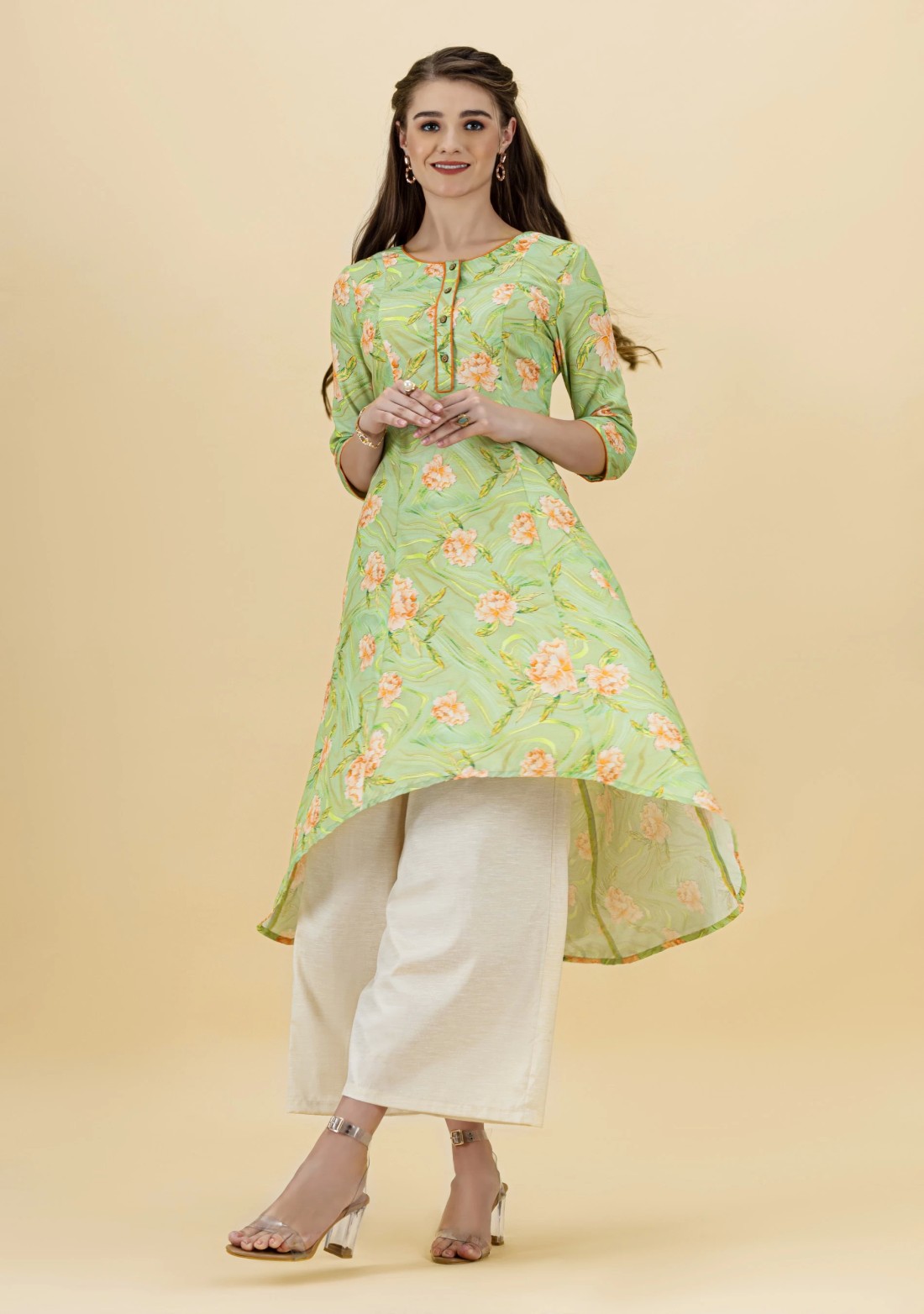 Olive Green Floral Printed Rayon Asymmetrical Kurta