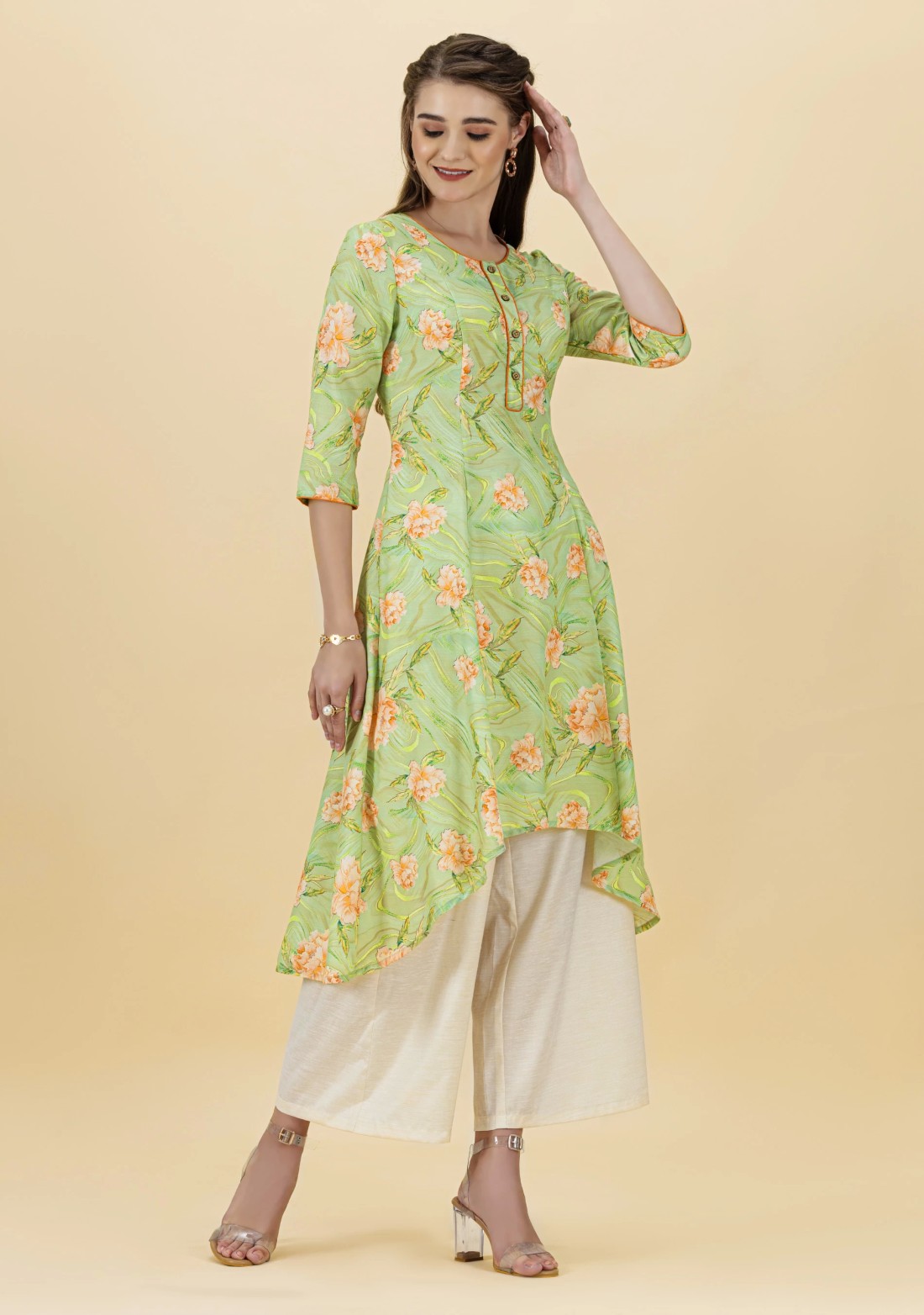 Olive Green Floral Printed Rayon Asymmetrical Kurta