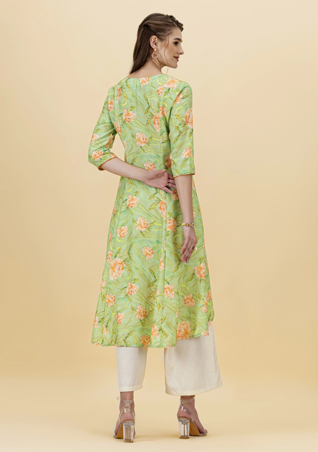 Olive Green Floral Printed Rayon Asymmetrical Kurta