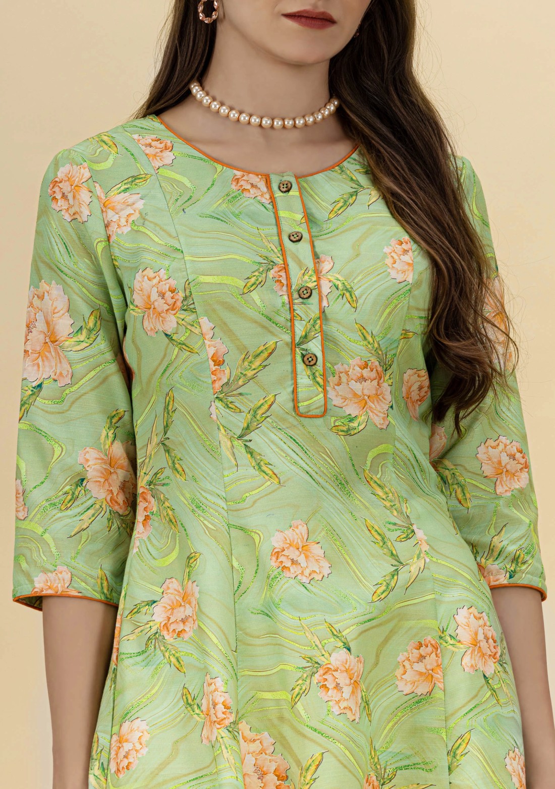 Olive Green Floral Printed Rayon Asymmetrical Kurta