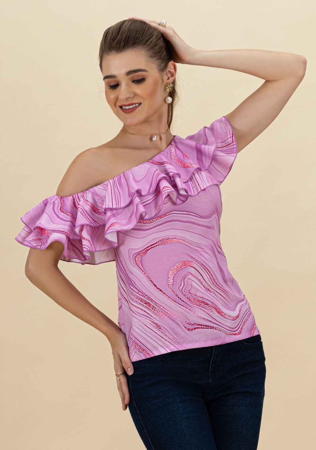 Lavender Marble Print Rayon One-Shoulder Top