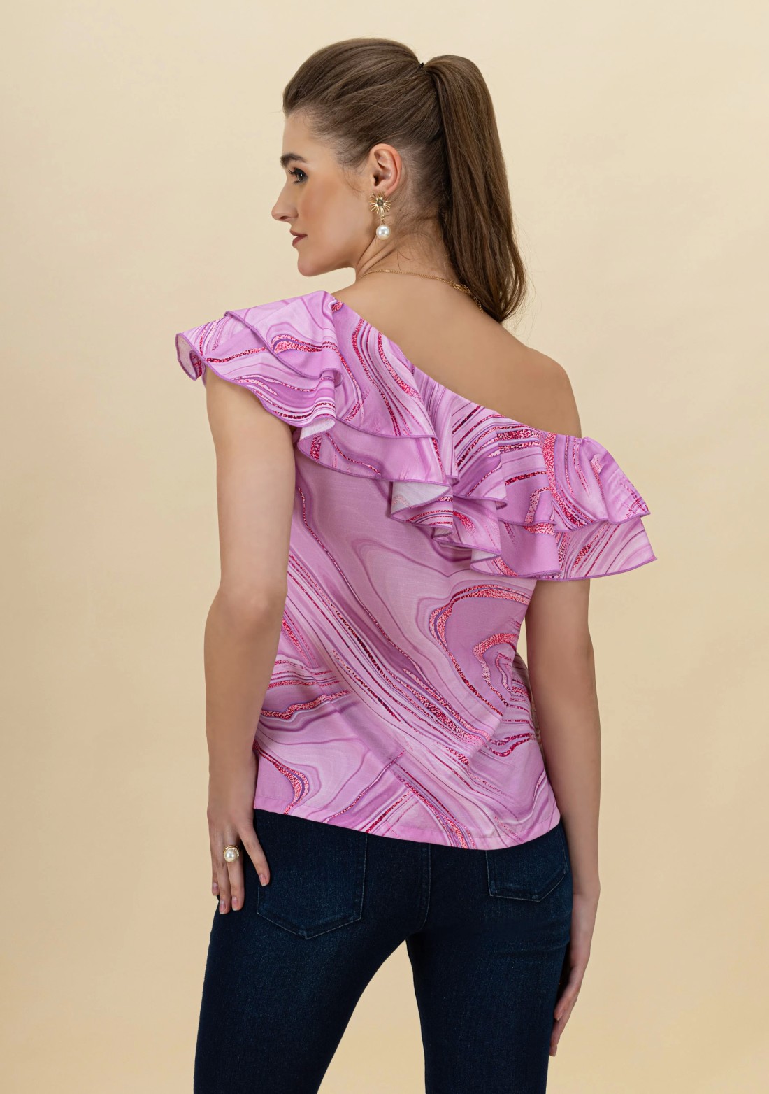 Lavender Marble Print Rayon One-Shoulder Top