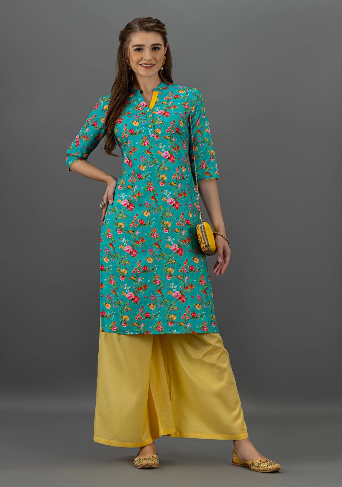 Turquoise Botanical Print Straight Kurta