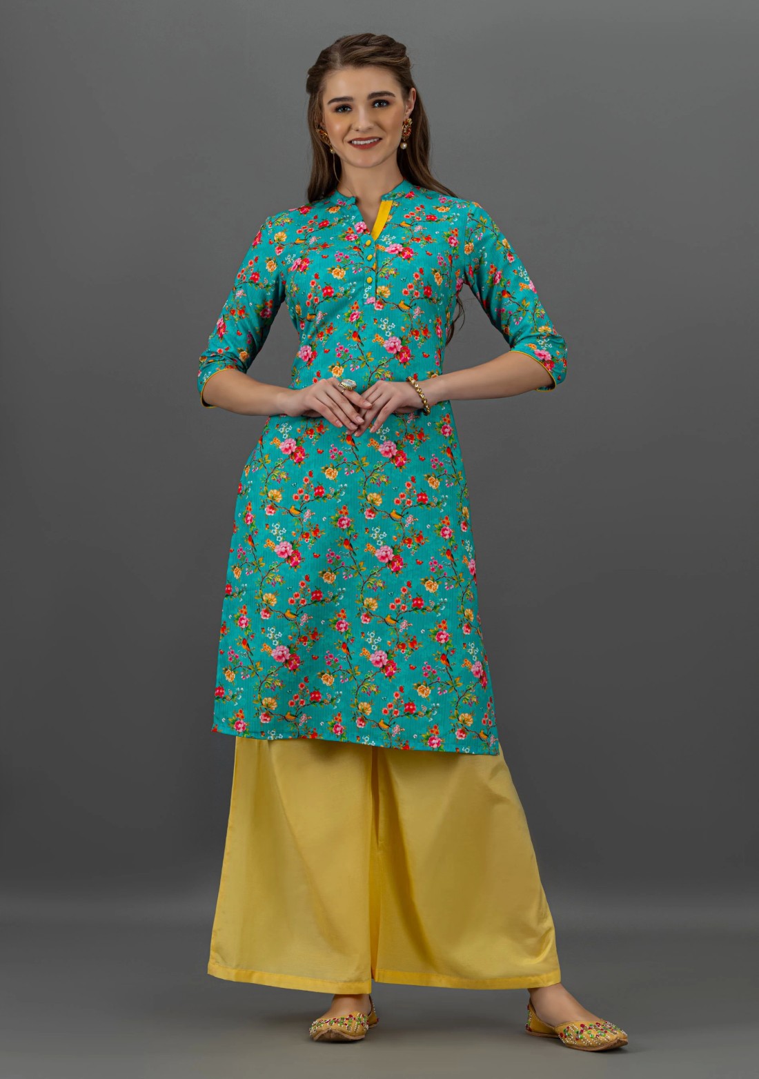 Turquoise Botanical Print Straight Kurta