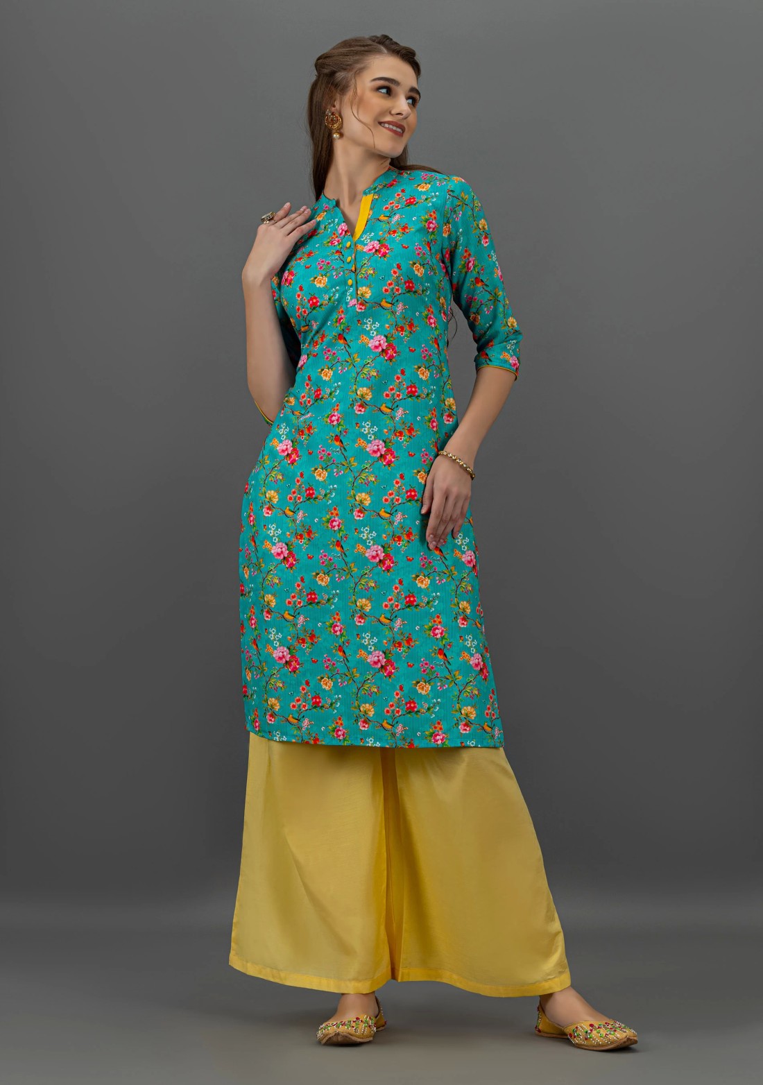 Turquoise Botanical Print Straight Kurta