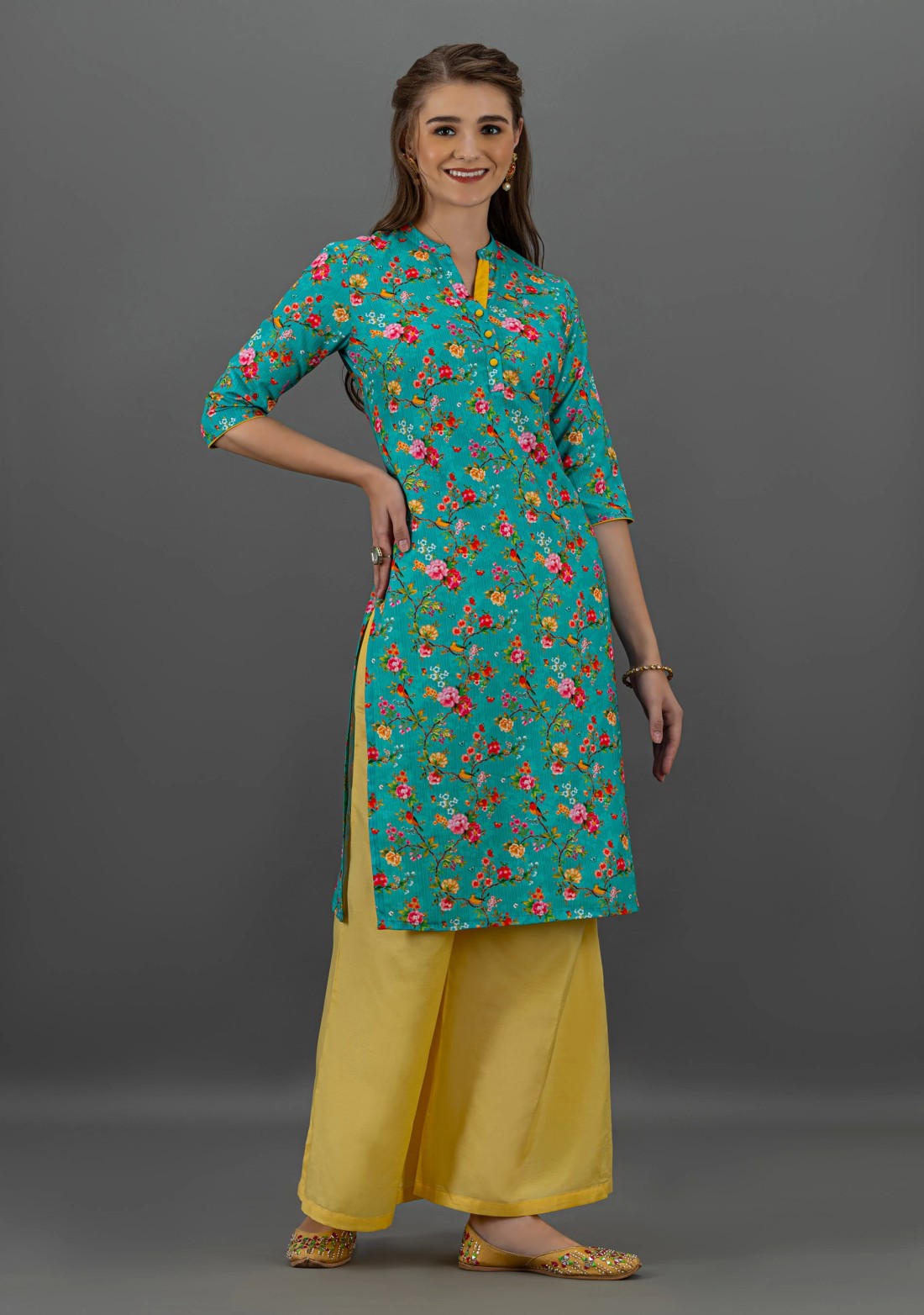 Turquoise Botanical Print Straight Kurta