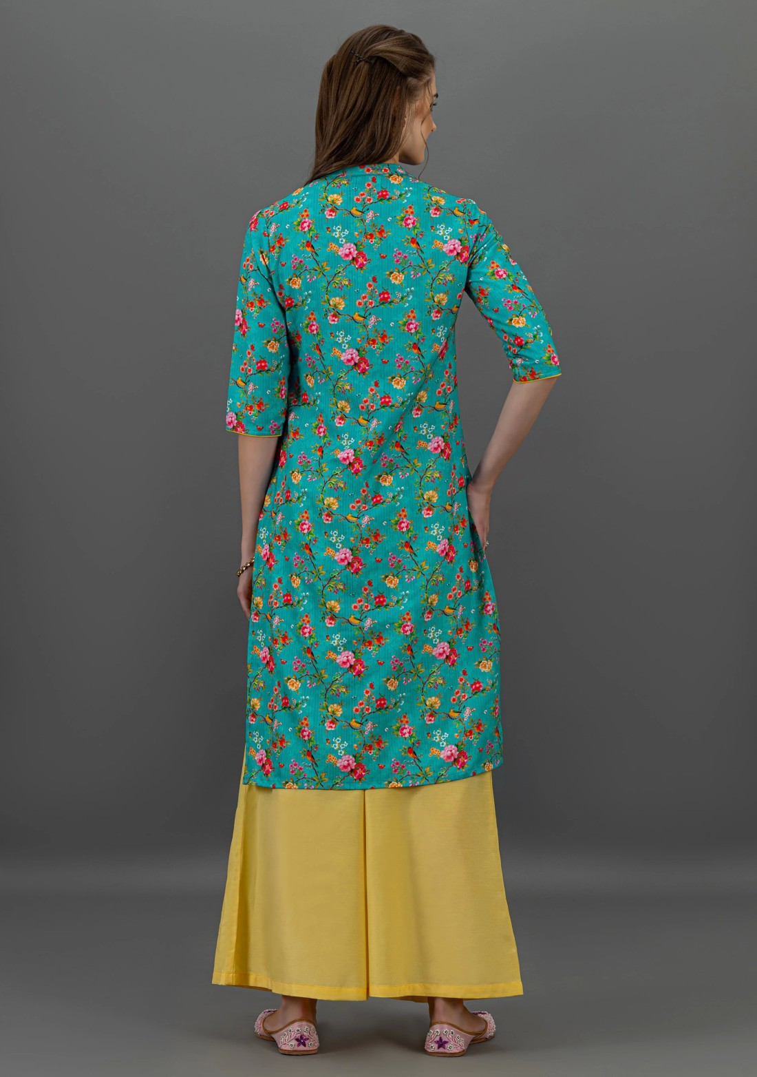 Turquoise Botanical Print Straight Kurta