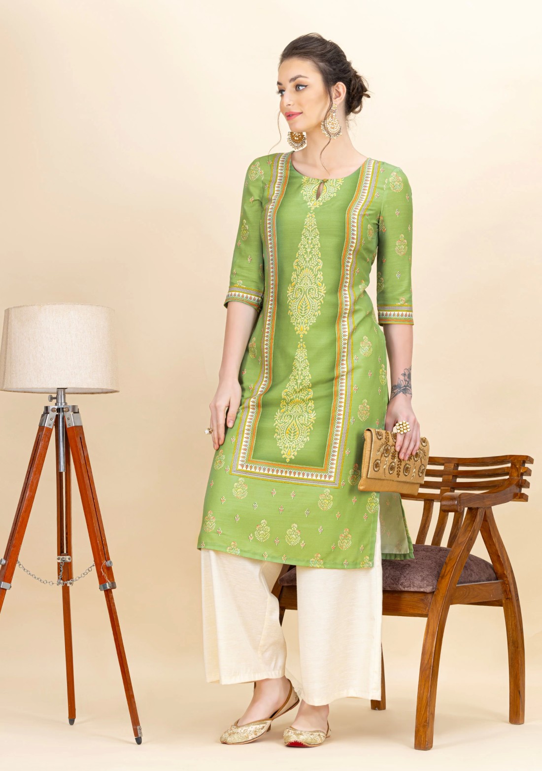 Green Ethnic Motif Printed Rayon Kurta