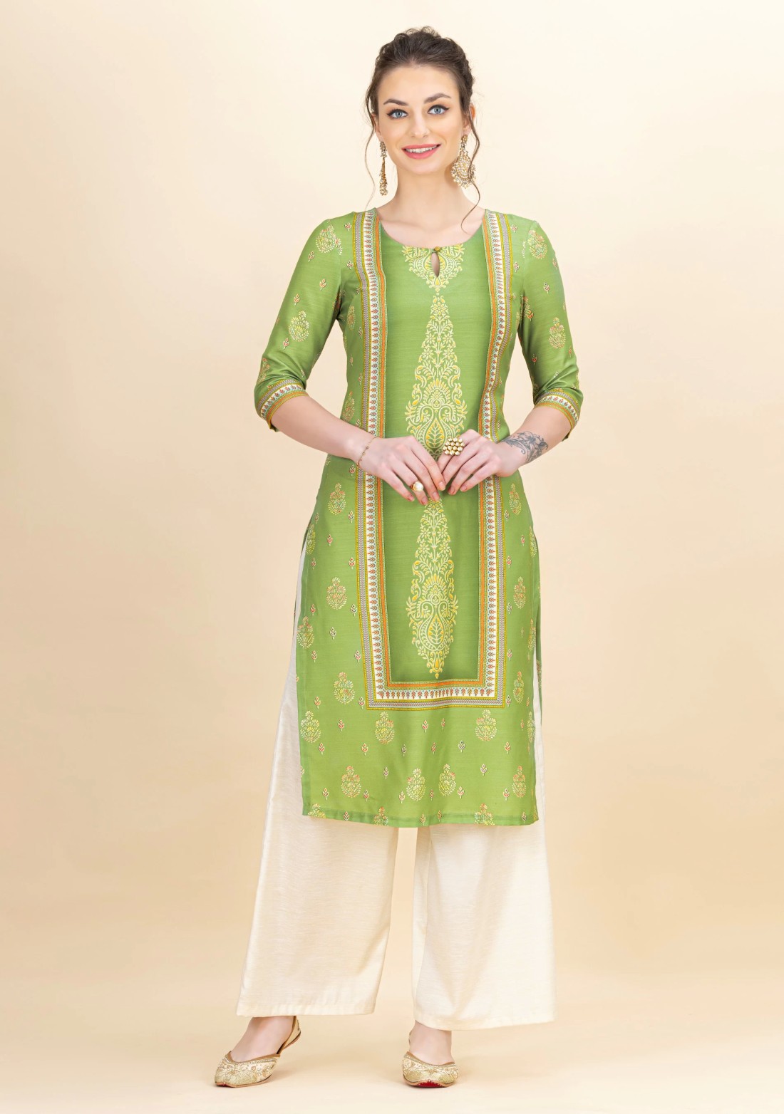 Green Ethnic Motif Printed Rayon Kurta