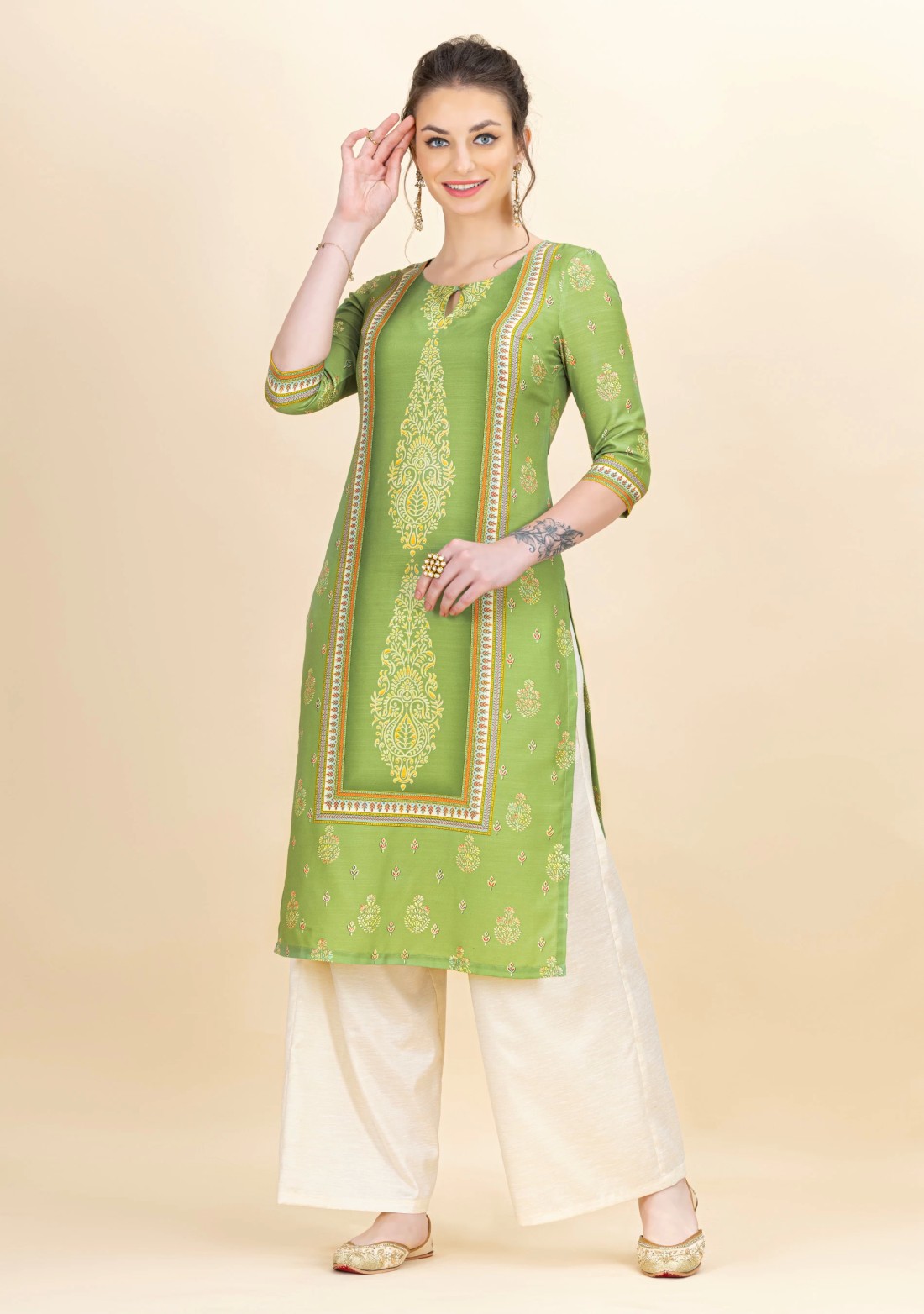 Green Ethnic Motif Printed Rayon Kurta