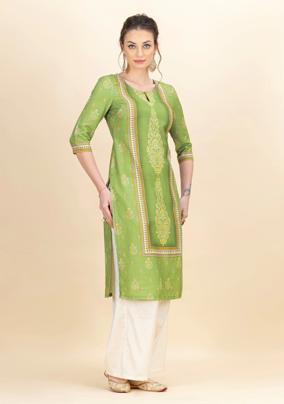 Green Ethnic Motif Printed Rayon Kurta