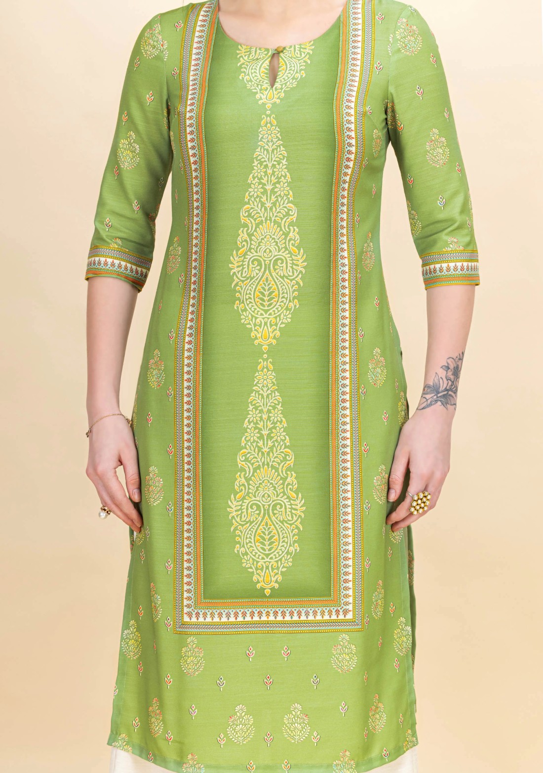 Green Ethnic Motif Printed Rayon Kurta