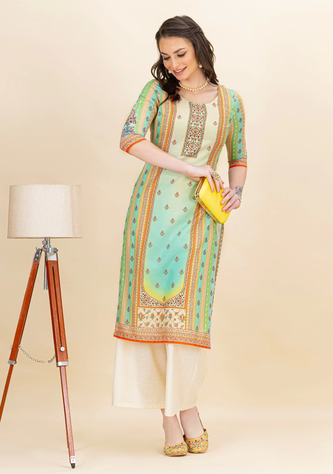 Multi-Colour Ethnic Motif Print Rayon Kurta