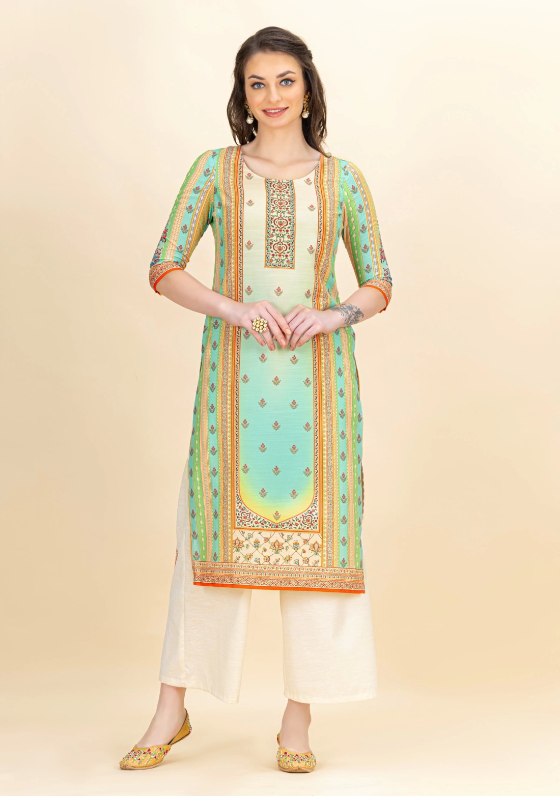 Multi-Colour Ethnic Motif Print Rayon Kurta