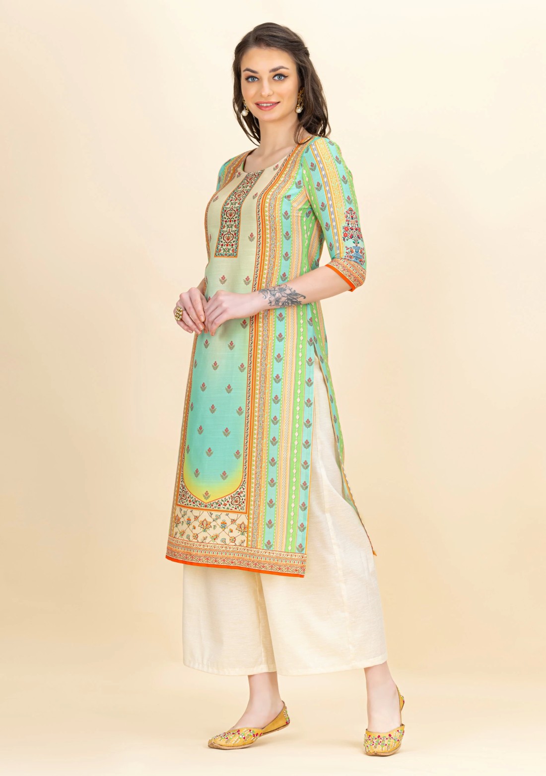 Multi-Colour Ethnic Motif Print Rayon Kurta