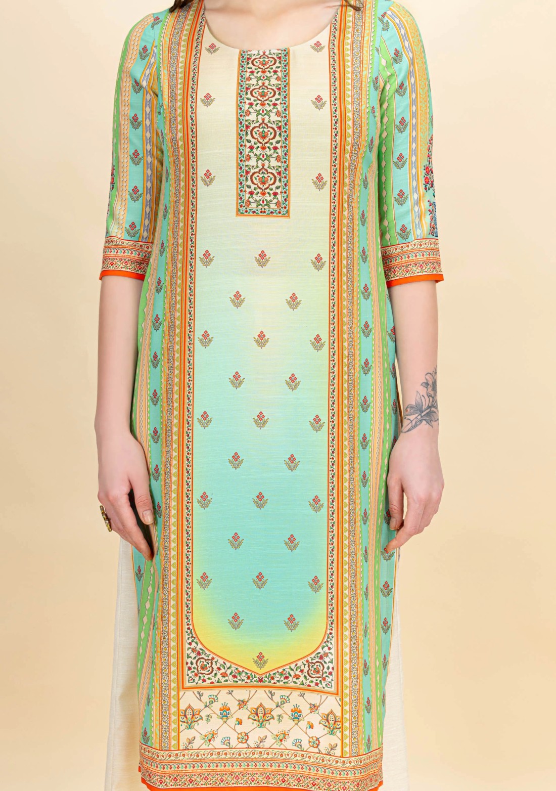 Multi-Colour Ethnic Motif Print Rayon Kurta