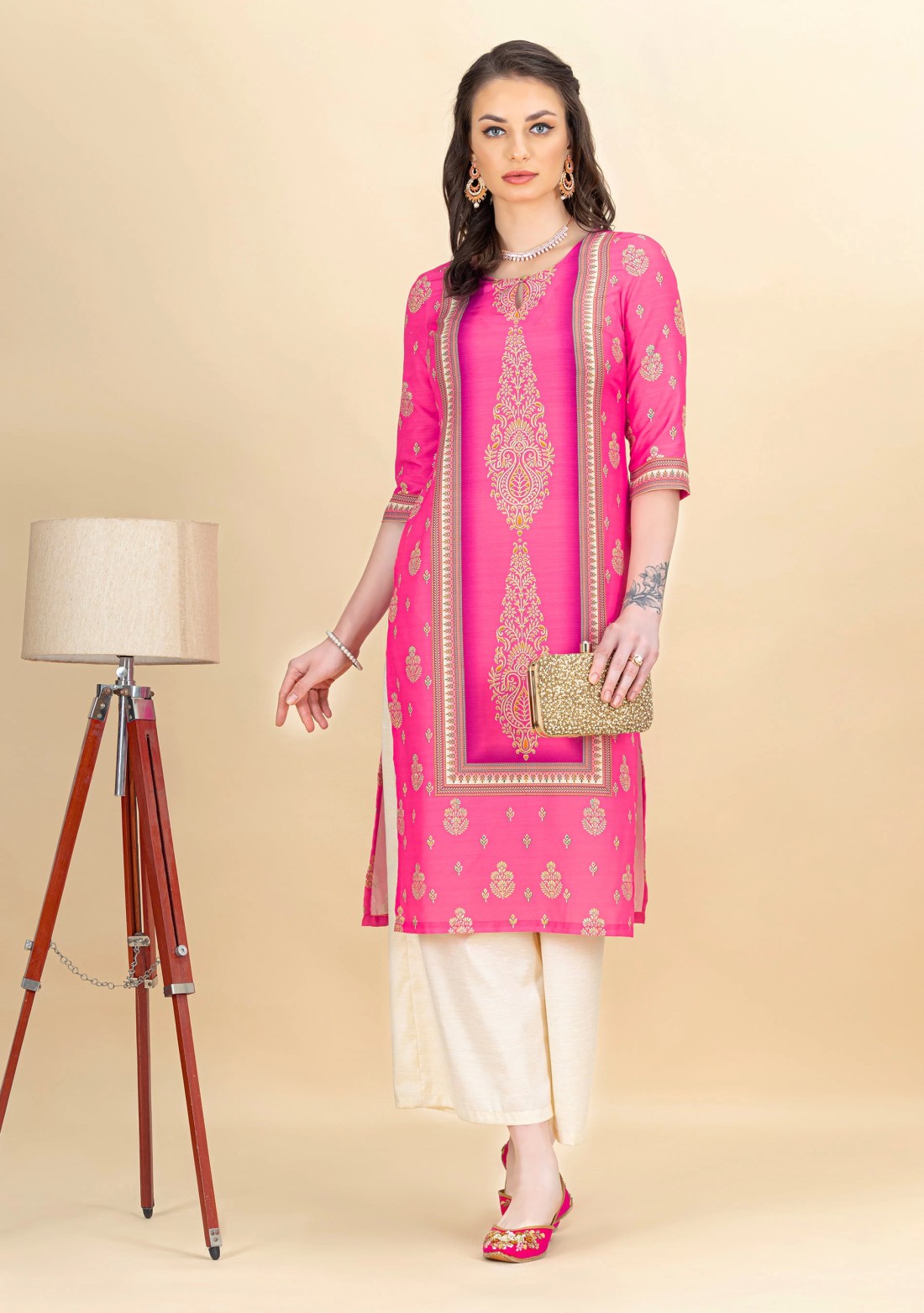 Hot Pink Ethnic Motif Printed Rayon Kurta