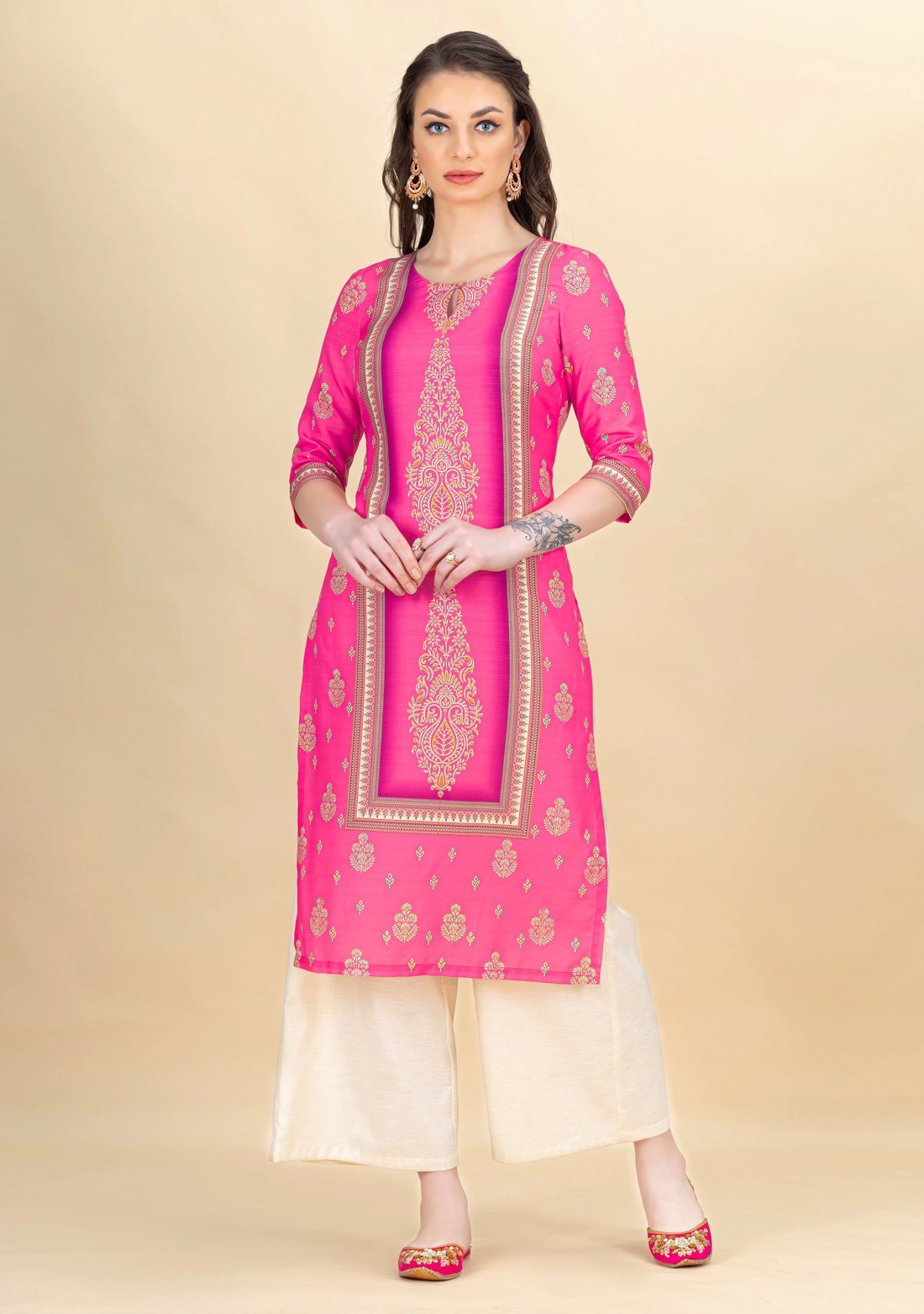 Hot Pink Ethnic Motif Printed Rayon Kurta