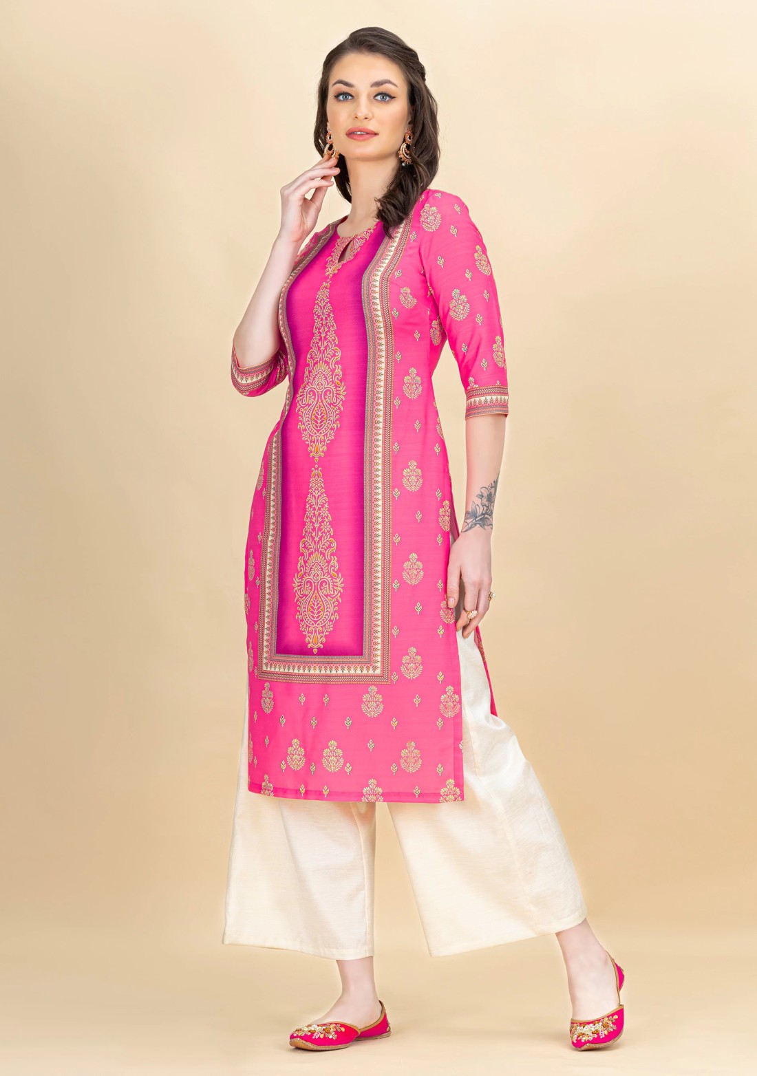 Hot Pink Ethnic Motif Printed Rayon Kurta