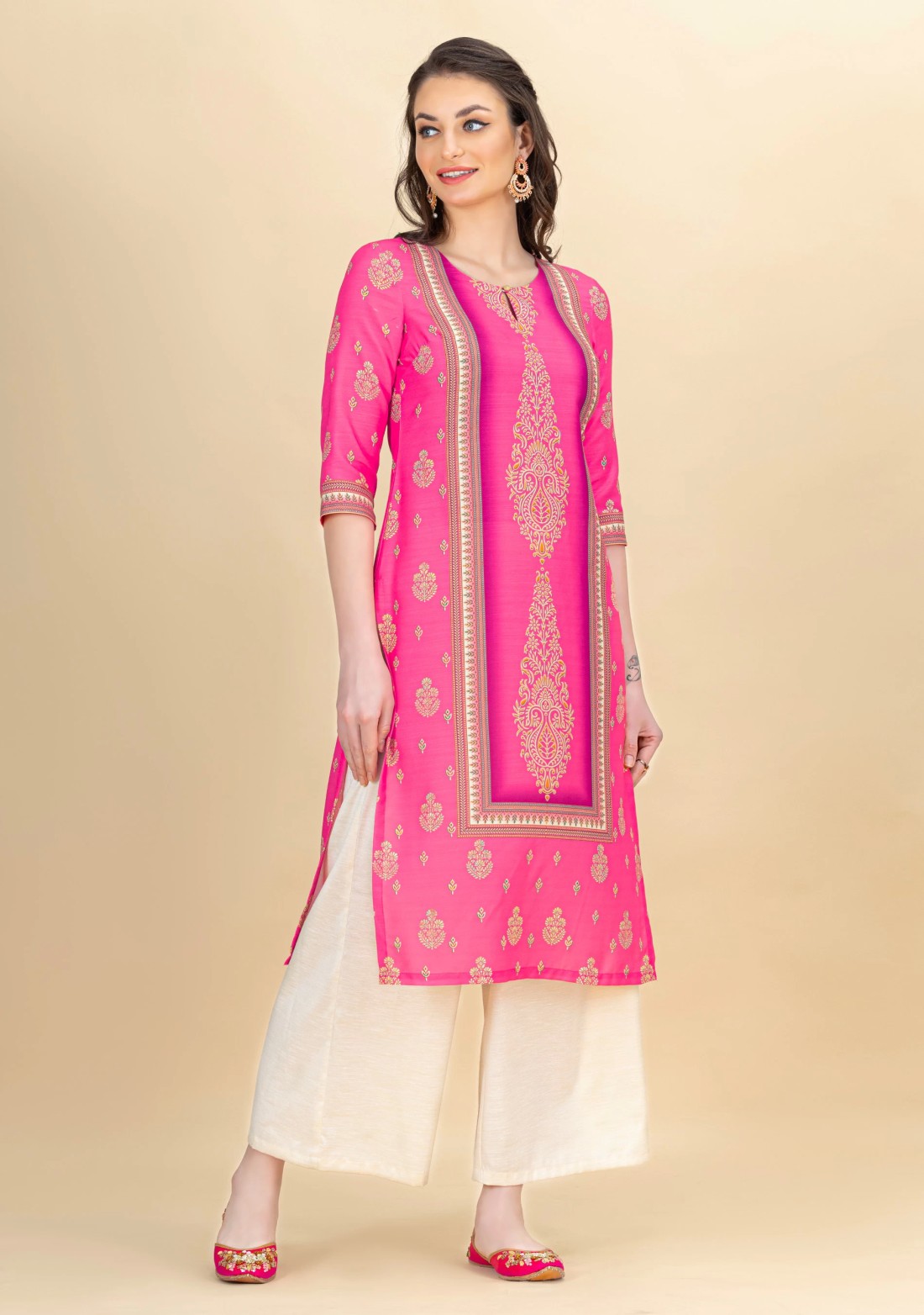 Hot Pink Ethnic Motif Printed Rayon Kurta