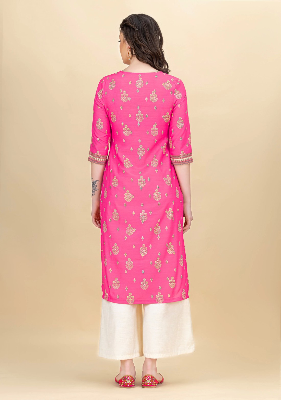 Hot Pink Ethnic Motif Printed Rayon Kurta