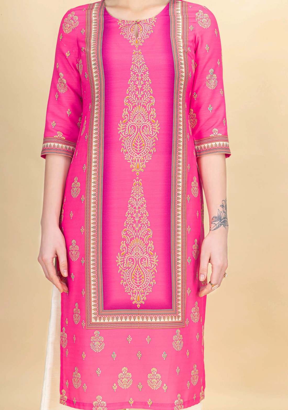 Hot Pink Ethnic Motif Printed Rayon Kurta