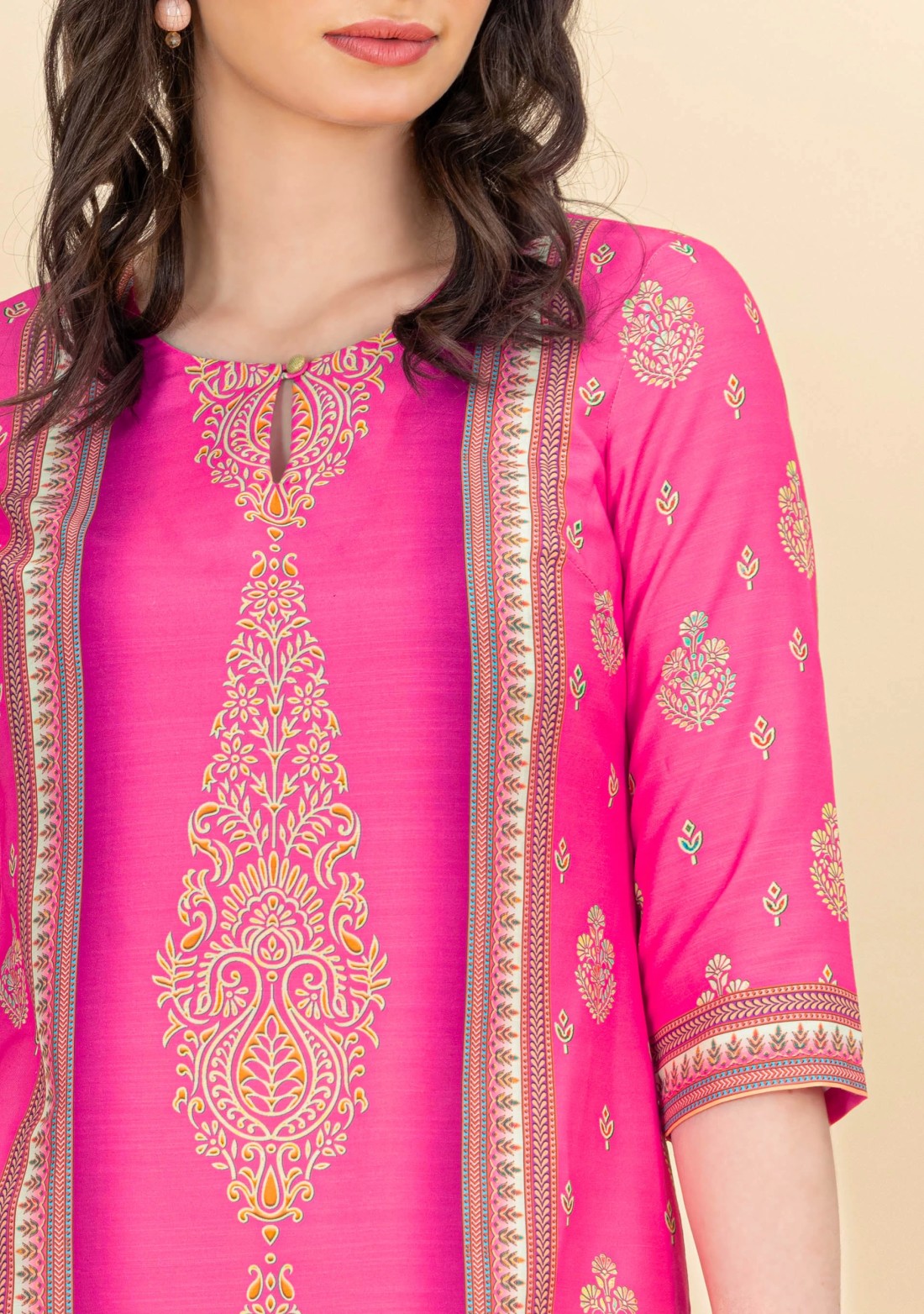 Hot Pink Ethnic Motif Printed Rayon Kurta