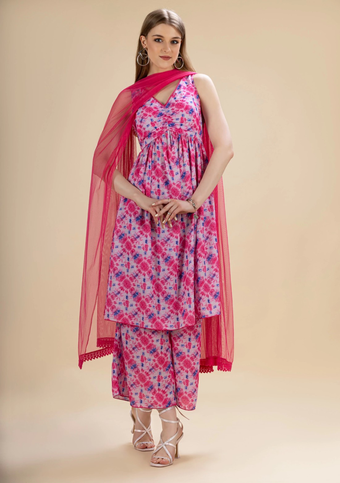 Pink Shibori Print Moss Crepe Flared Kurta Suit Set